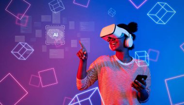 Gelişmiş yapay zeka teknolojisiyle uğraşan, üretken yetenekleri ve dinamik programlama kavramlarını sanal gerçeklik yoluyla keşfeden bir kullanıcıyı gösteren canlı bir sahne. XDMCP