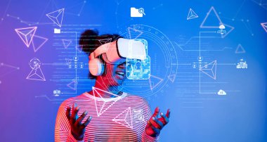 Sanal gerçeklikle ilgilenen bir kullanıcının canlı bir sahnesini keşfedin, modern teknoloji yenilikleri arasında siber güvenlik, mahremiyet ve veri koruması temalarını vurgulayın. XDMCP