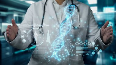 Yetenekli doktorların DNA örneği hologramı hastanede yüzüyor. Profesyonel tıp çalışanı tedaviye hazırlanırken ve genetik testler yaparken semptomları kontrol ediyor. İyileştirici.