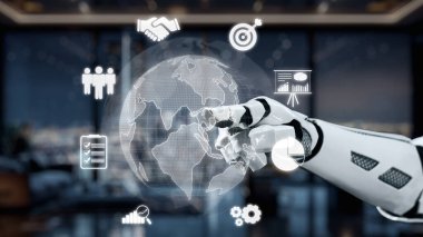 Fütürist bir robotik el, modern ofis ortamındaki teknoloji ve yeniliği sembolize ederek küresel bir harita üzerinden yansıtan dijital arayüzlerle etkileşime girer. Auvana