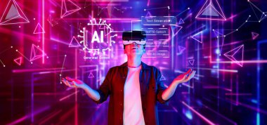 Dijital grafikler ve dinamik ortamdaki fütüristik elementlerle çevrili yapay zeka teknolojisiyle sanal gerçekliği deneyimleyen birini gösteren canlı bir sahne keşfedin. XDMCP