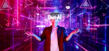 Bir insan sanal bir sohbet robotuyla canlı bir dijital ortamda etkileşime girer ve modern iletişimde yapay zeka ile gelecekteki teknolojinin kesişimini gösterir. XDMCP