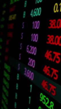 Makro çekim hareketi üzerine borsa kurulu LED ekranı borsa ve finansal verileri gösteriyor. Dinamik borsa endeksi değer artışı ve eğilim yatırımı için düşüş.