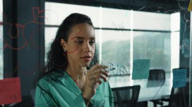 Zeki, profesyonel İspanyol iş kadınının portresi renkli yapışkan notlarla cam tahtaya pazarlama fikirleri yazıyor. Genç yönetici, analiz iş planının zihin haritasını çiziyor. - Yakın çekim. Yönlendirici.