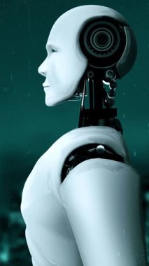Futuristic robot artificial intelligence huminoid AI data analytic technology development and machine learning concept. Global robotic bionic science research for future of human life. 3D rendering.