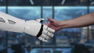 Bu video modern bir iş ortamında yenilik ve bağlantıyı sembolize eden yapay zekanın holografik bir temsiline uzanan bir eli gösteriyor. Auvana