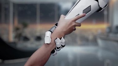 Fütürist bir robotik kol, modern ofis ortamında ileri teknoloji ve veri analizini sembolize eden canlı dijital grafikler ve grafiklerle etkileşim halindedir. Auvana