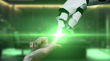 Bir robot kolu yeşil yapraklarla çevrili bir küreye doğru zarif bir şekilde uzanarak, sürdürülebilirliğe olan bağlılığı sembolize eden parlak ve modern bir çalışma alanında NET ZERO kavramını vurguluyor. Auvana