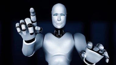 Yapay zeka robotu sanal sanal sanal sanal sanal ekrana dokunuyor ve yapay zeka kavramını makine öğrenme süreciyle gösteriyor. 3B görüntüleme.