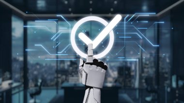 Gösterişli bir robot el, modern ofis ortamında parlayan dijital bir kontrol işaretine işaret ederek, teknolojideki başarıyı ve geceleri yenilikçi iş çözümlerini simgeliyor. Auvana