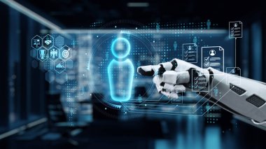 Bir robot el, yapay zekanın sağlık ve veri yönetimine entegrasyonunu temsil eden, yenilik ve teknolojiyi ön plana çıkaran dijital bir arayüze bağlanır. Auvana