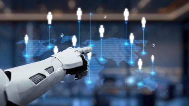 Fütürist robotik bir kol, küresel bağlantıyı ve teknolojideki yeniliği sembolize eden dijital bir haritayı işaret ediyor. Bu görsel olarak çarpıcı görüntü modern etkileşimleri keşfeder. Auvana