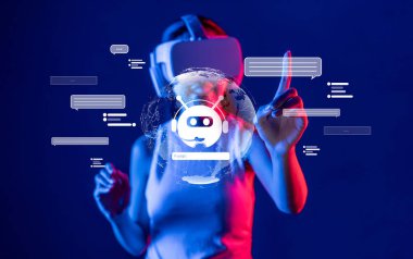 Sanal gerçekliğin ve yapay zekanın kesişimlerini bu görsel olarak çarpıcı görüntüde keşfedin. Holografik teknoloji ile kullanıcılarla iletişim kuran bir sohbet robotu. XDMCP