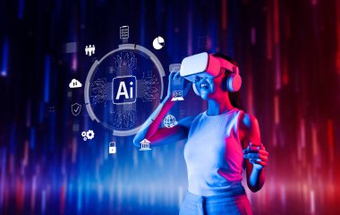 Genç bir kadın, dinamik dijital grafikler ve simgelerle çevrili yapay zeka kulaklığı kullanarak teknolojinin ve yeniliğin bir füzyonunu sergiliyor. XDMCP