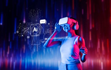 Sanal gerçekliğe dalmış bir kadının dijital arayüzlerle yapay zeka teknolojisini deneyimlediği canlı bir sahne. Renkli arkaplan fütüristik temayı geliştirir. XDMCP