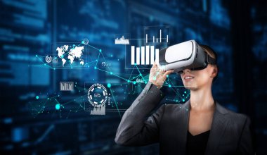 VR Veri Analizi ve Finansal Pazarlama Stratejisi Kullanan Yenilikçi İş Kadını, Gelişmiş Karar Verme XDMCP İçin Al-Driven Insight ile.