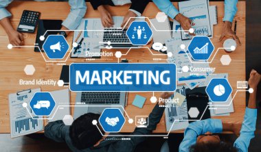 Modern ofis ortamında dinamik bir pazarlama stratejisi toplantısının görsel temsili, sergilenen takım çalışması, veriye dayalı kararlar ve yenilikçi fikirler. Dostluk