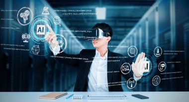 Yapay zeka teknolojisini kullanarak çalışan gözlüklü bir iş adamı. Resmi kıyafet kontrolü ve üst veriye erişimi olan proje yöneticisi geliştirilmiş ve bulanık arkaplan kullanan bir teknoloji kullanıyor. Yaratıcılık.