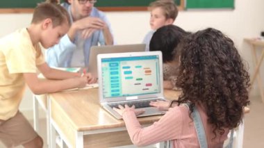 Amerikalı öğrenci BTMM Teknoloji sınıfında farklı zeki öğrenci ve öğretmenlerden oluşan bir grup zihin haritalama yaparken kameraya bakıyor. Akıllı çocuk kodlama yazılımı öğreniyor. Pedagoji.