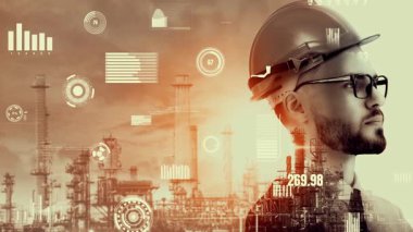 Geleceğin fabrikası ve yaratıcı grafik tasarımında yaratıcı enerji endüstrisi konsepti. Petrol, gaz ve petrokimyasal rafineri fabrikası. Hologramı yeni nesil enerji ve enerji sektörünü gösteriyor..