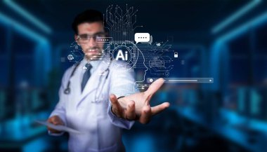 Modern bir klinikteki bir doktor gelişmiş dijital arayüz ve görsel analiz araçları ile hasta bakımını geliştirmek için yapay zeka teknolojisi kullanır. PHMT