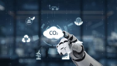 Robotik bir el, karbondioksit azaltımını ve sürdürülebilirlik kavramlarını sembolize eden, modern ofis arka planına karşı kurulmuş, teknolojik yenilikleri gösteren yüzen ikonlara işaret ediyor. Auvana