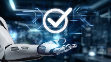 Robotik bir el, dijital onayı işaret eden parlak bir işaretle modern yüksek teknoloji ortamında teknoloji ve yenilikleri birleştirir. Auvana