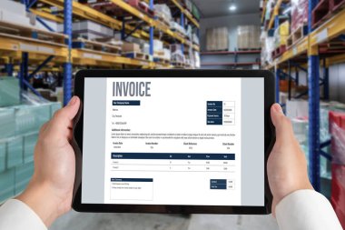 Muhasebe uygulamasından gelen fatura bilgisayar ekranında. Şirket işlerinin finans ve bütçesi için bilgisayar programı. Rahatça..