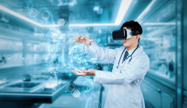 Tıbbi verileri tutan VR gözlüklü ve laboratuvar önlüklü bir doktor artırılmış gerçeklik teknolojisini yönetiyor ve arka planı bulanık bir şekilde laboratuvarda duruyor. Sağlık ve yenilikler. Yaratıcılık.