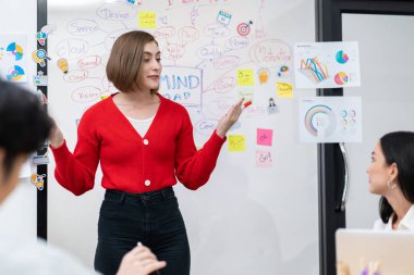 Profesyonel çekici kadın lider, modern iş toplantı odasında beyin fırtınası zihin haritalama istatistikleri ve renkli yapışkan notlar kullanarak yaratıcı pazarlama planını sunuyor. Tertemiz..