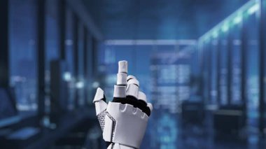 Bir robot el modern bir ofiste 24 saatlik bir servis ikonu ile etkileşime girer ve iletişim ve desteğin geliştirilmesinde teknolojinin ve yapay zekanın karışımını gösterir. Auvana