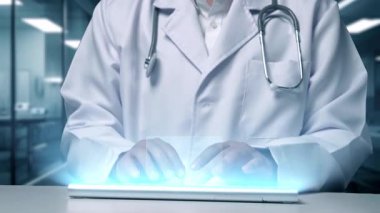 Laboratuvarda yüzen beyin anatomisi hologramıyla klavyede yazan zeki doktorlara yaklaş. Tıp çalışanı teşhisi ve teknoloji kullanarak beyin hastalıklarını kontrol ediyor. İyileştirici.