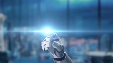 Robotik bir el modern ofis ortamında parlayan dijital bir kontrol işaretiyle etkileşime girerek, teknoloji ve otomasyonun doğrulama süreçlerindeki entegrasyonunu gösteriyor. Auvana