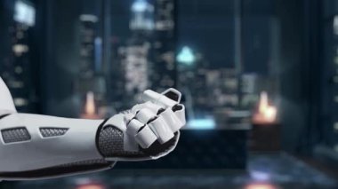 Fütürist bir robot el, dijital dönüşüm ve verimliliği vurgulayarak, modern bir çalışma alanı içinde teknolojiyi ve yeniliği temsil eden çeşitli elektronik simgeleri sergiliyor. Auvana