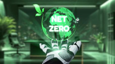 Gelişmiş bir robot eli, modern bir çalışma alanında teknoloji ve çevre sorumluluğunun yakınlaşmasını sembolize eden net sıfır ve sürdürülebilirliğin dijital sembolleriyle etkileşim halindedir. Auvana