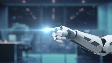 Bir robot el, birden fazla dijital ekranla etkileşime girer ve yapay zeka verileri ve analizleri gösterir. Bu fütüristik ofis ortamı gelişmiş teknolojiyi ön plana çıkarıyor. Auvana