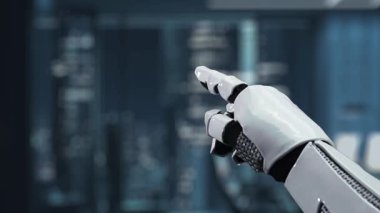 Bir robotik kol, çağdaş bir çalışma alanında yapay zeka ve siber güvenliğin füzyonunu gösteren yüksek teknolojili bir arayüze dijital kilit vuruyor. Auvana