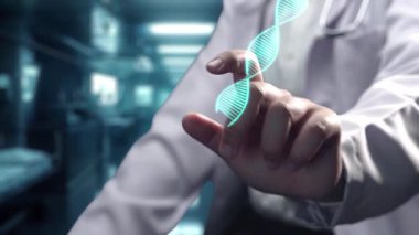 Doktorun oturduğu yeri kapatın ve DNA örneği hologramının yüzdüğünü ve tıbbi verilere erişimini gösterin. Teknoloji yeniliklerini kullanarak genetik bozuklukları kontrol eden profesyonel bir tıp çalışanı. İyileştirici.