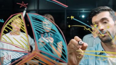 İş adamlarına yazma, paylaşma, beyin fırtınası yaparken pazarlama stratejisini iş adamlarına, yatırımcılara açıkla. Profesyonel lider cam duvarda finansal istatistik sunuyor. İzleme