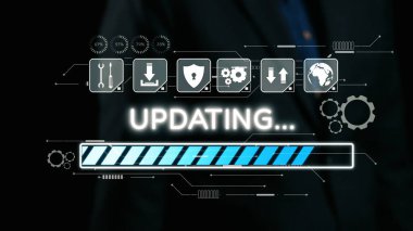 Gelişim çubuğu ve temel sistem fonksiyonlarını temsil eden çeşitli simgelerle, teknoloji ve verimliliği vurgulayan parlak bir dijital arayüz. Dörtgen