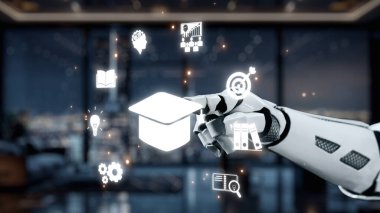 Fütürist robotik bir el modern çalışma alanındaki dijital eğitim sembolleriyle etkileşime girer ve günümüz dünyasında teknoloji, öğrenme ve yeniliğin kesişimini sembolize eder. Auvana