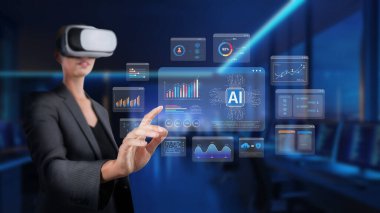 Sanal gerçekliği kullanarak, modern çalışma alanındaki veri analizleriyle etkileşime giren bir profesyonel. Görüntü, yapay zeka çözümlerinde ileri teknoloji ve yenilik sergiliyor. XDMCP