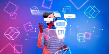 Yapay zeka sohbet robotu ile etkileşim içinde olan ve otomasyonu ve yenilikçi teknolojiyi sembolize eden sanal gerçekliği kullanan bir insanı gösteren renkli bir dijital alan keşfedin. XDMCP