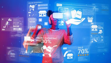 VR gözlük takan ve online alışveriş ekranına bakan mutlu bir genç. Zeki Afrikalı kız mavi ve pembe arka planda artırılmış gerçeklik teknolojisi kullanıyor. Teknoloji yeniliği konsepti. Yaratıcılık.
