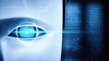 Robot hominoid face close up with graphic concept of big data analytic by AI thinking brain, artificial intelligence and machine learning process for the 4th fourth industrial revolution. 3D rendering