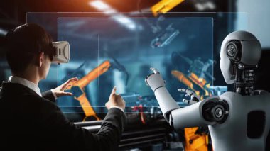 Cybernated industry robot and human worker working together in future factory . Concept of artificial intelligence for industrial revolution and automation manufacturing process .