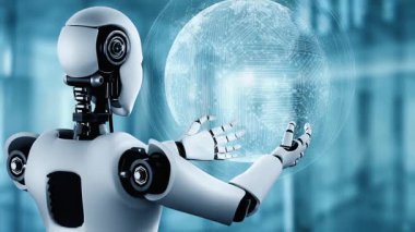 AI hominoid robot holding hologram screen shows concept of global communication network using artificial intelligence thinking by machine learning process. 3D rendering computer graphic.