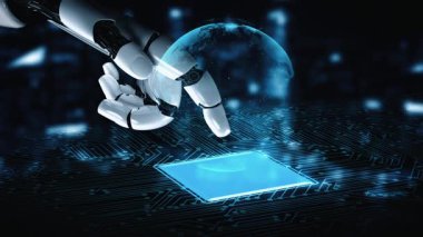 Gelecekçi robot yapay zeka yapay zeka yapay zekayı aydınlatıyor ve makine öğrenme kavramını geliştiriyor. İnsan hayatının geleceği için küresel robot biyonik bilim araştırması. 3B görüntüleme grafiği.