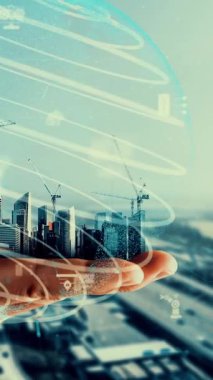 Yenilikçi mimari ve yaratıcı inşaat mühendisliği inşaat projesi. Mimar, işçi ve mühendis tarafından yapılan yaratıcı grafik tasarımı altyapı şehir binası kavramını gösteriyor.