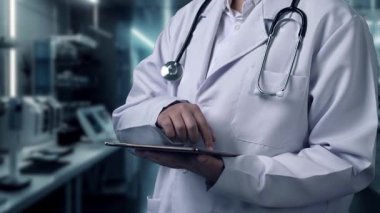 Elinde DNA hologramıyla tablet tutan yetenekli bir tıp çalışanına yaklaş. Hasta semptomlarını analiz etmek için profesyonel doktor DNA örneği veya genetik materyal. Teknoloji yeniliği. İyileştirici.
